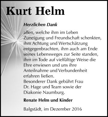 Traueranzeige von Kurt Helm von Mitteldeutsche Zeitung Naumburg/Nebra