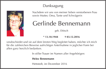 Traueranzeige von Gerlinde Bennemann von Mitteldeutsche Zeitung Mansfelder Land