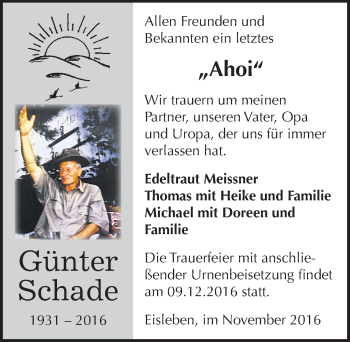 Traueranzeige von Günter Schade von Mitteldeutsche Zeitung Mansfelder Land