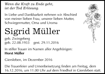 Traueranzeige von Sigrid Müller von Mitteldeutsche Zeitung Aschersleben