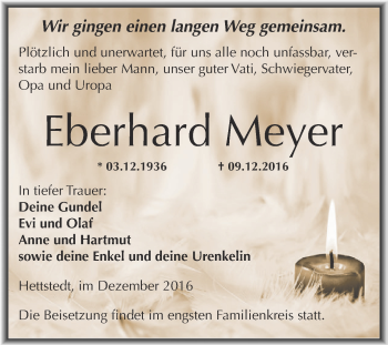 Traueranzeige von Eberhard Meyer von Wochenspiegel Mansfelder Land
