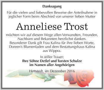 Traueranzeige von Anneliese Trost von Mitteldeutsche Zeitung Mansfelder Land