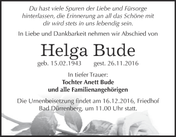 Traueranzeige von Helga Bude von Super Sonntag Merseburg