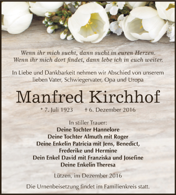 Traueranzeige von Manfred Kirchhof von WVG - Wochenspiegel NMB / WSF / ZTZ