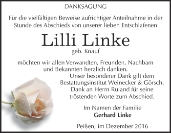 Traueranzeige von Lilli Linke von Super Sonntag Bernburg