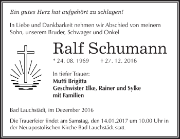 Traueranzeige von Ralf Schumann von WVG - Wochenspiegel Merseburg