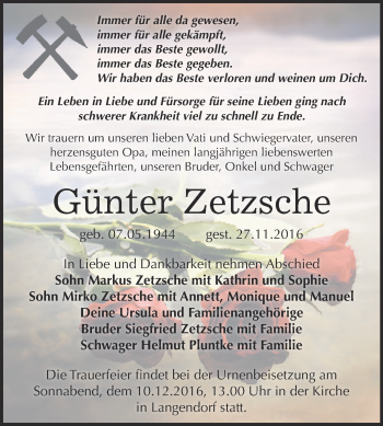 Traueranzeige von Günter Zetzsche von Super Sonntag Zeitz