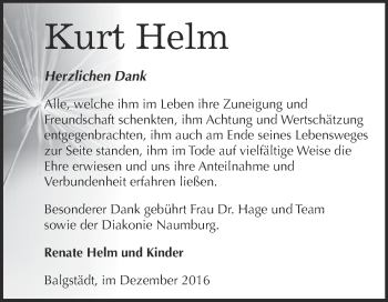 Traueranzeige von Kurt Helm von WVG - Wochenspiegel NMB / WSF / ZTZ