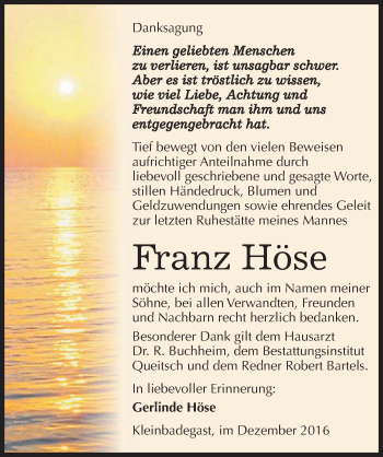 Traueranzeige von Franz Höse von Mitteldeutsche Zeitung Köthen