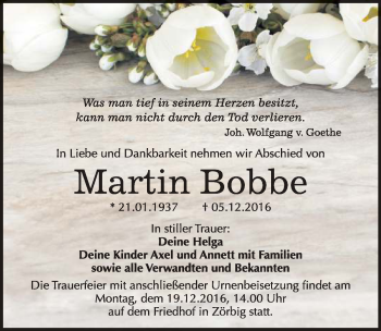 Traueranzeige von Martin Bobbe von Mitteldeutsche Zeitung Bitterfeld