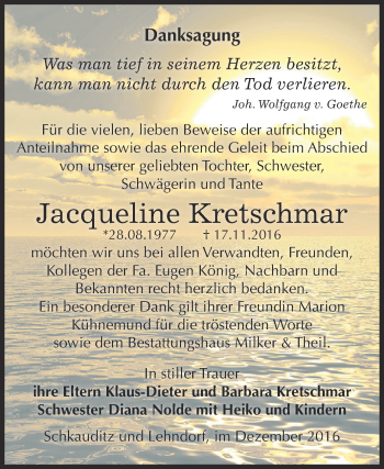 Traueranzeige von Jacqueline Kretschmar von Super Sonntag Zeitz