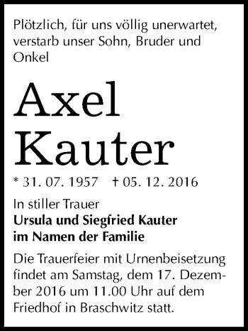 Traueranzeige von Axel Kauter von Mitteldeutsche Zeitung Halle/Saalkreis