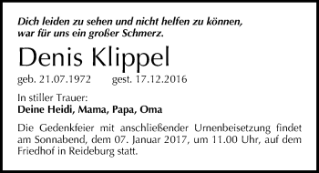 Traueranzeige von Denis Klippel von Mitteldeutsche Zeitung Halle/Saalkreis