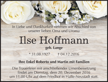 Traueranzeige von Ilse Hoffmann von Mitteldeutsche Zeitung Halle/Saalkreis