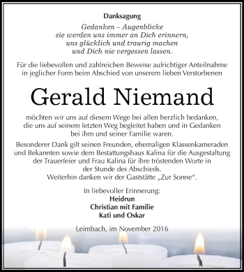 Traueranzeige von Gerald Niemand von Wochenspiegel Mansfelder Land