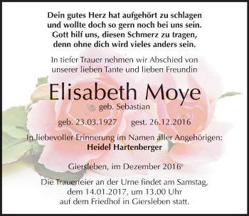 Traueranzeige von Elisabeth Moye von Mitteldeutsche Zeitung Aschersleben
