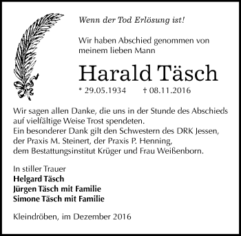 Traueranzeige von Harald Täsch von Mitteldeutsche Zeitung Wittenberg