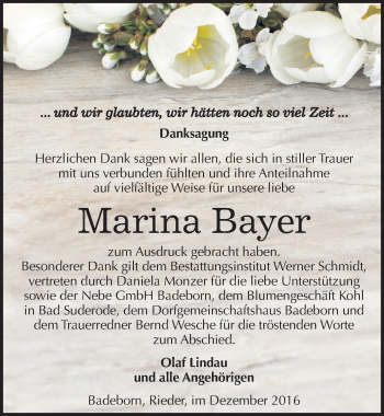 Traueranzeige von Marina Bayer von Mitteldeutsche Zeitung Quedlinburg