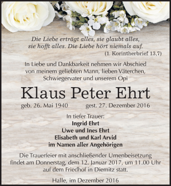 Traueranzeige von Klaus Peter Ehrt von Mitteldeutsche Zeitung Halle/Saalkreis