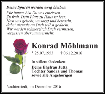 Traueranzeige von Konrad Möhlmann von Super Sonntag Aschersleben