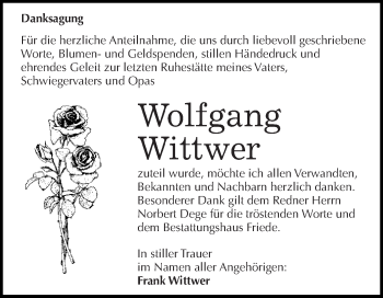 Traueranzeige von Wolfgang Wittwer von WVG - Wochenspiegel Dessau / Köthen