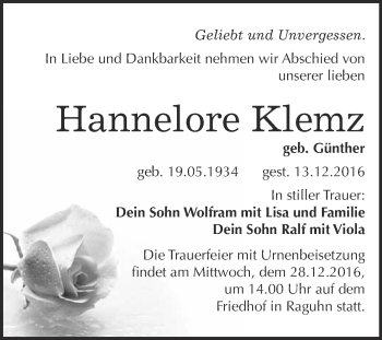 Traueranzeige von Hannelore Klemz von WVG - Wochenspiegel Bitterfeld