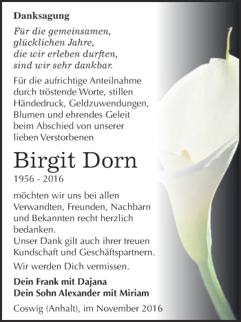 Traueranzeige von Birgit Dorn von Super Sonntag Wittenberg