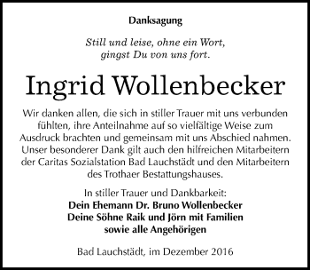 Traueranzeige von Ingrid Wollenbecker von Mitteldeutsche Zeitung Halle/Saalkreis