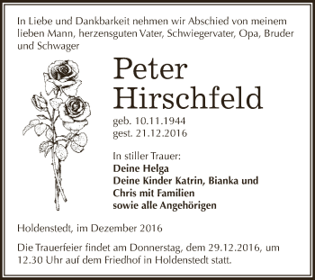 Traueranzeige von Peter Hirschfeld von WVG - Wochenspiegel SGH