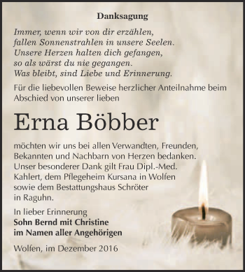 Traueranzeige von Erna Böbber von WVG - Wochenspiegel Bitterfeld
