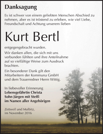 Traueranzeige von Kurt Bertl von Mitteldeutsche Zeitung Zeitz