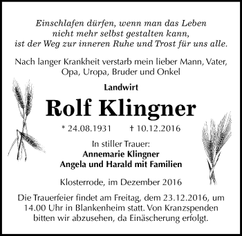Traueranzeige von Rolf Klingner von Mitteldeutsche Zeitung Sangerhausen