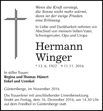 Traueranzeige von Hermann Winger von Mitteldeutsche Zeitung Quedlinburg