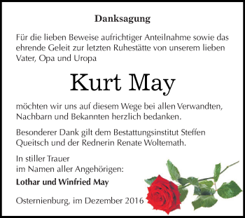 Traueranzeige von Kurt May von WVG - Wochenspiegel Dessau / Köthen