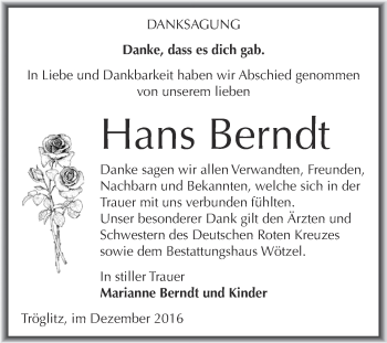 Traueranzeige von Hans Berndt von Super Sonntag Zeitz