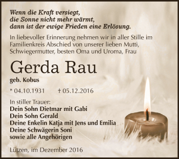 Traueranzeige von Gerda Rau von WVG - Wochenspiegel NMB / WSF / ZTZ