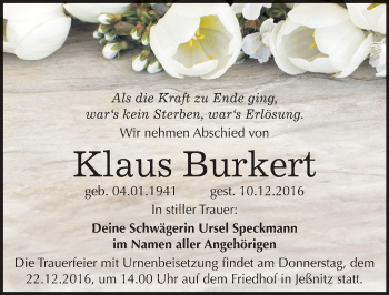 Traueranzeige von Klaus Burkert von Mitteldeutsche Zeitung Bitterfeld