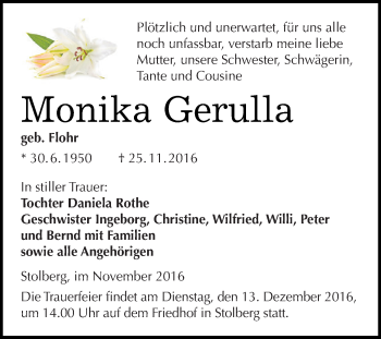 Traueranzeige von Monika Gerulla von Super Sonntag SGH Mansf. Land
