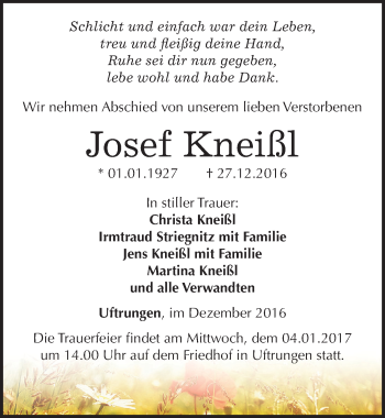 Traueranzeige von Josef Kneißl von Mitteldeutsche Zeitung Sangerhausen