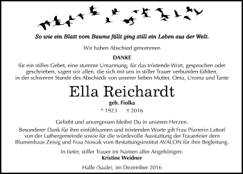 Traueranzeige von Ella Reichardt von Mitteldeutsche Zeitung Halle/Saalkreis