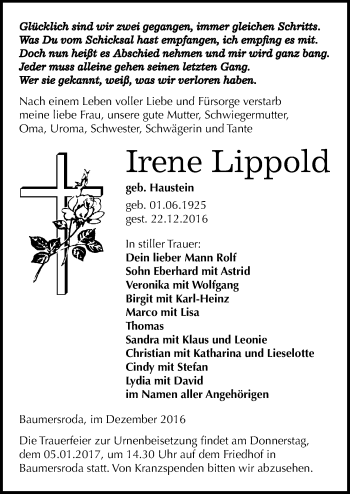 Traueranzeige von Irene Lippold von Mitteldeutsche Zeitung Naumburg/Nebra