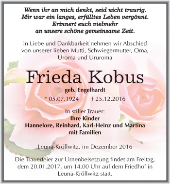 Traueranzeige von Frieda Kobus von Mitteldeutsche Zeitung Merseburg/Querfurt