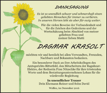Traueranzeige von Dagmar Krasolt von Mitteldeutsche Zeitung Bitterfeld