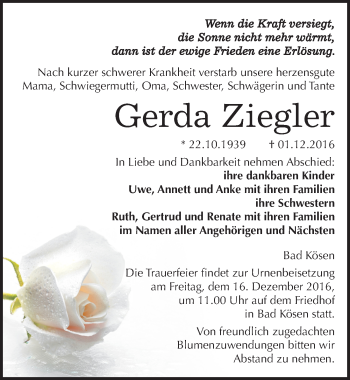 Traueranzeige von Gerda Ziegler von Mitteldeutsche Zeitung Naumburg/Nebra
