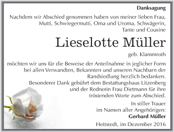 Traueranzeige von Lieselotte Müller von Mitteldeutsche Zeitung Mansfelder Land