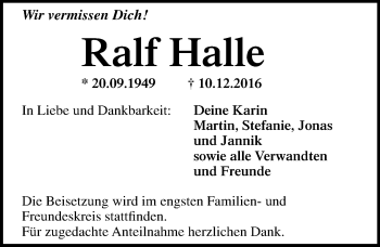 Traueranzeige von Ralf Halle von Mitteldeutsche Zeitung Dessau-Roßlau
