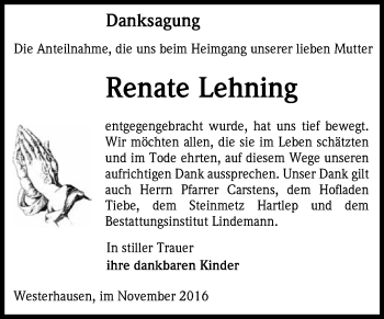 Traueranzeige von Renate Lehning von Super Sonntag Quedlinburg