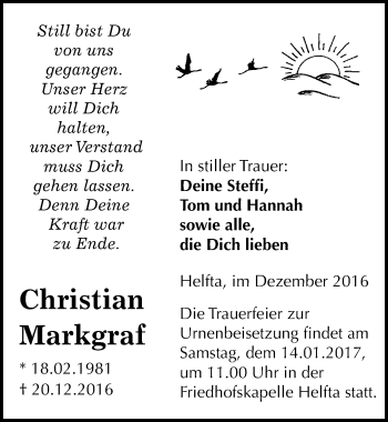 Traueranzeige von Christian Markgraf von Mitteldeutsche Zeitung Mansfelder Land