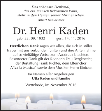 Traueranzeige von Henri Kaden von Mitteldeutsche Zeitung Sangerhausen