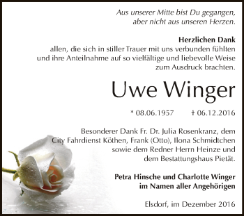 Traueranzeige von Uwe Winger von WVG - Wochenspiegel Dessau / Köthen